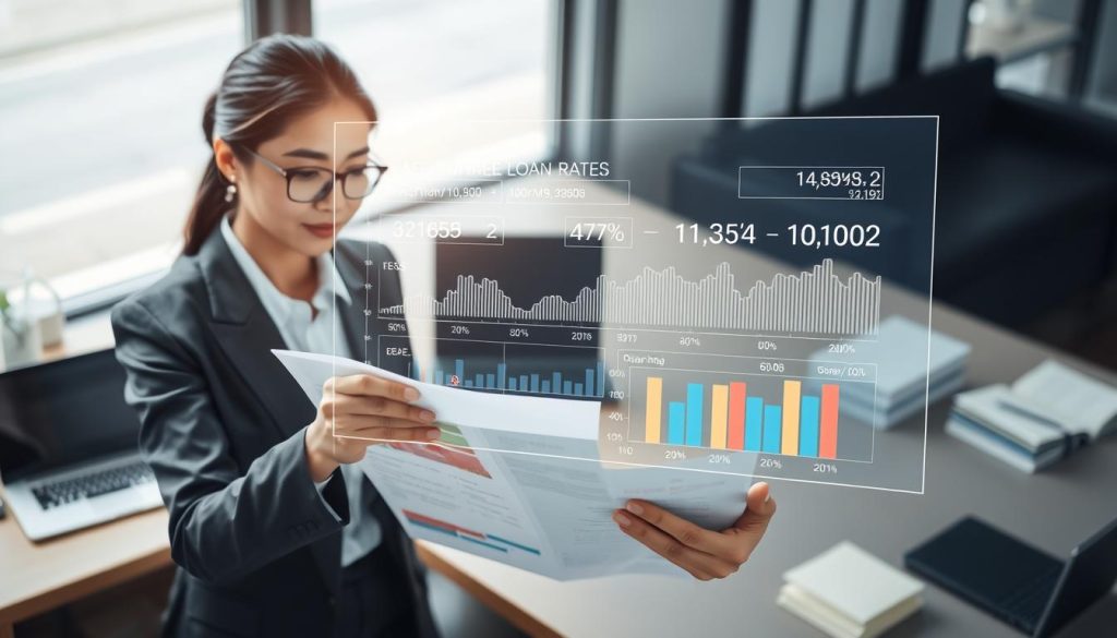 A visually engaging and informative representation of "核貸率" (loan approval rate) for a financial article. In the foreground, feature a professional businesswoman, dressed in smart business attire, examining documents that include charts and graphs illustrating loan statistics. In the middle ground, display a transparent overlay of a digital screen showing fluctuating loan rates, approval percentages, and key metrics. The background should include a modern office setting with a sleek desk, a laptop, and financial books for context. Use bright, natural lighting to create an optimistic and professional mood, capturing the importance of understanding loan dynamics. The angle should be slightly above eye level, conveying a sense of analysis and insight.
