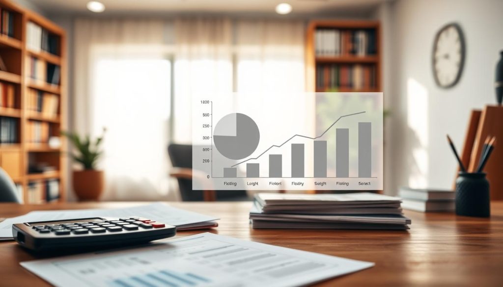 A visually engaging composition illustrating the concept of "credit loan interest rates," featuring a foreground with a professional-looking calculator and financial documents on a wooden desk. In the middle, an elegant pie chart and bar graph representing fixed vs. floating interest rates, conveying clarity and precision. The background should subtly include an office space with a soft-focused bookshelf filled with financial books and a large window allowing natural light to flood the scene, creating a warm and inviting atmosphere. The lighting should be bright and evenly distributed, highlighting the key elements without harsh shadows. The overall mood is informative and professional, appealing to individuals seeking to understand their loan options before making decisions.