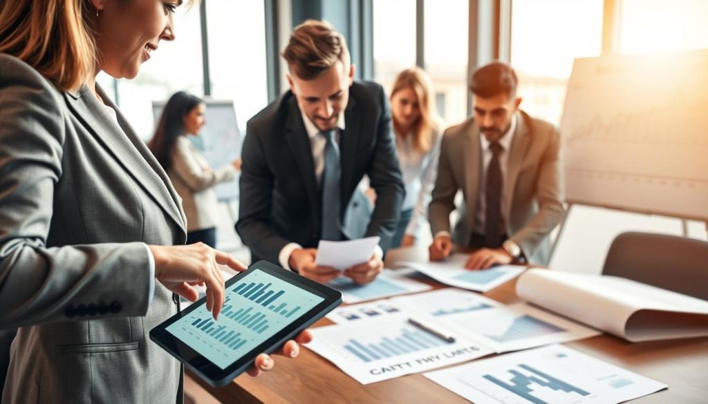 A visually engaging corporate office setting featuring a diverse group of professionals discussing financial strategies. In the foreground, a woman in a smart business suit points at a financial chart on a digital tablet, highlighting cash flow improvement tactics. In the middle ground, a man in business attire is leaning over a table with documents spread out, analyzing graphs and figures related to loan management. The background shows a modern office with large windows letting in soft, warm light, creating a hopeful atmosphere. Subtle details like a whiteboard filled with strategies and a chart of rising cash flow can be seen. Overall, the mood is focused and proactive, emphasizing teamwork and strategic planning under pressure.