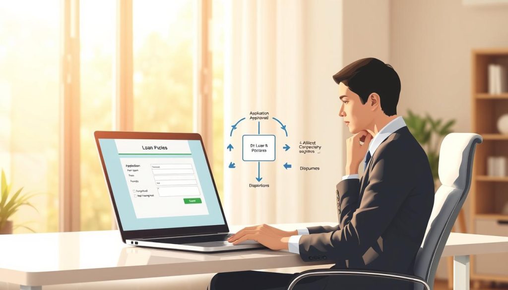 A visually engaging illustration of an online loan application process, set in a modern home office environment. In the foreground, a person in professional attire, focused and contemplative, is sitting at a sleek desk with a laptop open, displaying an online application interface. The middle section features a flowchart or diagram representing the loan process, with arrows illustrating steps like application, approval, and disbursement. In the background, soft natural light filters through a large window, creating a warm and inviting atmosphere. The overall mood is one of professionalism and clarity, emphasizing the ease of applying for a loan online without needing to visit a bank in person.