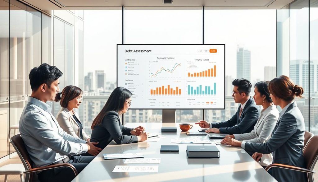 A visually engaging illustration of "聯徵" to represent personal credit assessment in a financial context. In the foreground, a diverse group of professionals in business attire discusses documents and financial charts around a modern conference table. In the middle ground, a large digital screen displays graphs and data related to credit scoring and debt structures, symbolizing DCR and DBR metrics. In the background, an elegant office space with glass walls and city views conveys a sense of professionalism and clarity. Soft, natural lighting streams in, creating a warm atmosphere that emphasizes collaboration and analysis. The overall mood is focused and serious, capturing the importance of personal credit in life decisions.