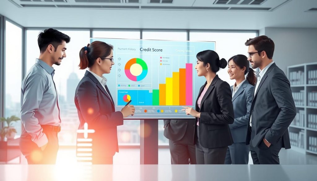 A visually engaging illustration representing a "信用評分" (credit score) concept. In the foreground, a diverse group of professionals in business attire is gathered around a digital touchscreen displaying a colorful, dynamic chart depicting various credit score metrics such as payment history, credit utilization, and types of credit used. In the middle layer, a soft glow emanates from the screen, creating an inviting atmosphere as they intently analyze the data together. The background shows a modern, well-lit office environment, with shelves of finance books and a large window revealing a skyline. The lighting is bright and focused, creating a sense of clarity and professionalism, while the overall mood emphasizes collaboration and informed decision-making regarding personal finance.