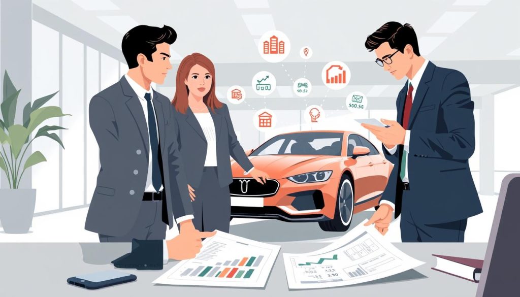A visually engaging illustration representing the concept of total car loan costs in a financial context. In the foreground, a well-dressed young professional, a male and a female, engage in a discussion with a financial advisor, surrounded by paperwork that includes graphs and charts related to car loan expenses. The middle ground features a stylish car, symbolizing the loan's purpose, with various small icons floating around it, representing costs like insurance, taxes, and maintenance alongside interest rates. In the background, a modern office setting with soft, natural lighting enhances a feeling of professionalism and clarity. The scene conveys a serious yet approachable atmosphere, suitable for those exploring the complexities of auto loans. A visually engaging illustration representing the concept of total car loan costs in a financial context. In the foreground, a well-dressed young professional, a male and a female, engage in a discussion with a financial advisor, surrounded by paperwork that includes graphs and charts related to car loan expenses. The middle ground features a stylish car, symbolizing the loan's purpose, with various small icons floating around it, representing costs like insurance, taxes, and maintenance alongside interest rates. In the background, a modern office setting with soft, natural lighting enhances a feeling of professionalism and clarity. The scene conveys a serious yet approachable atmosphere, suitable for those exploring the complexities of auto loans.