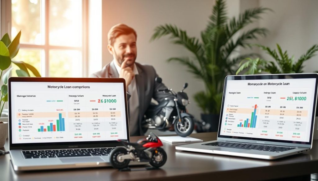 A visually engaging image illustrating the comparison of motorcycle loan options, featuring a split-screen design. In the foreground, present two laptops on a desk displaying different motorcycle loan comparisons with charts and graphs indicating interest rates and repayment terms. In the middle ground, include a professional consultant, dressed in business attire, analyzing the data with a thoughtful expression, gesturing towards the screen. In the background, create a serene office setting with natural light pouring through a window, filled with plants and a motorcycle model symbolizing the loans. The overall mood should convey professionalism, clarity, and optimism, inviting viewers to understand their financing options effectively. A visually engaging image illustrating the comparison of motorcycle loan options, featuring a split-screen design. In the foreground, present two laptops on a desk displaying different motorcycle loan comparisons with charts and graphs indicating interest rates and repayment terms. In the middle ground, include a professional consultant, dressed in business attire, analyzing the data with a thoughtful expression, gesturing towards the screen. In the background, create a serene office setting with natural light pouring through a window, filled with plants and a motorcycle model symbolizing the loans. The overall mood should convey professionalism, clarity, and optimism, inviting viewers to understand their financing options effectively.