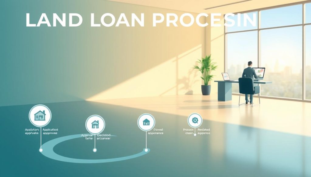 A visually engaging infographic depicting the timeline of land loan processing. In the foreground, show a series of numbered icons representing each step of the loan process, such as application, approval, and closing, placed on a winding path that guides the viewer's eye. In the middle ground, illustrate a serene office environment where a professional, dressed in business attire, is reviewing documents and analyzing charts on a computer screen, symbolizing the decision-making aspect of the loan process. The background features a large window with a cityscape view, softly illuminated by natural light, creating an air of professionalism and clarity. The color palette should be calm and inviting, using blues and greens to convey dependability and focus. Overall, the atmosphere should feel informative and structured, inviting readers to engage with the topic. A visually engaging infographic depicting the timeline of land loan processing. In the foreground, show a series of numbered icons representing each step of the loan process, such as application, approval, and closing, placed on a winding path that guides the viewer's eye. In the middle ground, illustrate a serene office environment where a professional, dressed in business attire, is reviewing documents and analyzing charts on a computer screen, symbolizing the decision-making aspect of the loan process. The background features a large window with a cityscape view, softly illuminated by natural light, creating an air of professionalism and clarity. The color palette should be calm and inviting, using blues and greens to convey dependability and focus. Overall, the atmosphere should feel informative and structured, inviting readers to engage with the topic.