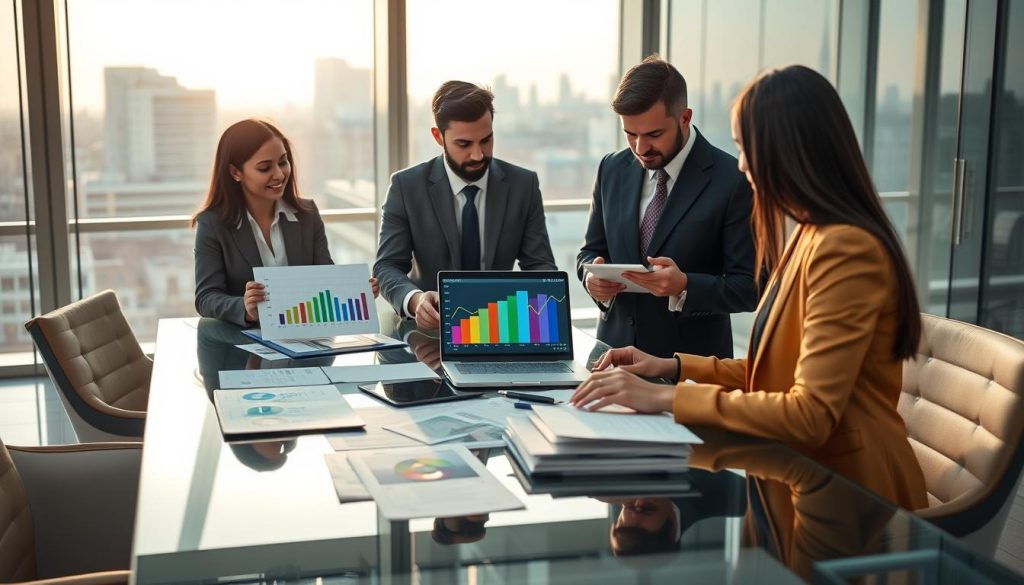 A visually engaging representation of "Risk Scoring" for personal credit loans, set in a sleek, modern bank office environment. In the foreground, a diverse group of three business professionals in professional attire, analyzing colorful charts and graphs depicting risk metrics on a digital tablet. In the middle, a large glass conference table strewn with financial documents and a laptop displaying a risk scoring algorithm interface. The background features floor-to-ceiling windows, allowing natural light to flood the room with a warm glow, casting gentle reflections. A subtle city skyline is visible outside, conveying a sense of urban sophistication. Emphasize clarity, professionalism, and a collaborative atmosphere, hinting at strategic discussions surrounding credit evaluations and interest rates.