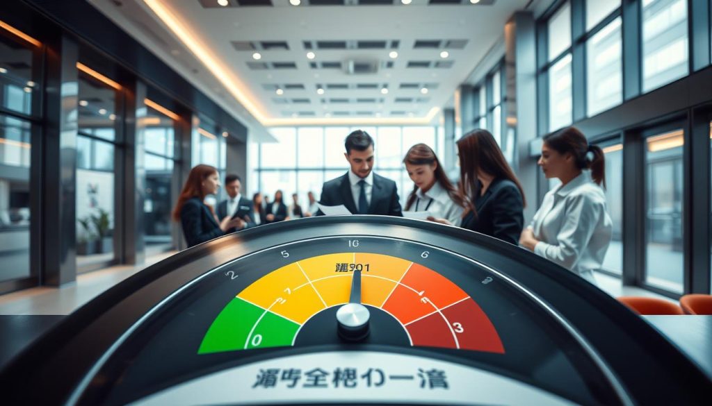 A visually engaging representation of "信用評分" (credit score) that captures the essence of key factors influencing approval and interest rates. In the foreground, a highly detailed credit score gauge displays various levels, with indicators clearly marked in green, yellow, and red. In the middle, a diverse group of professionals in business attire is engaged in a discussion, surrounded by financial charts and documents. The background features a modern bank environment with sleek architecture and soft, natural lighting filtering through large windows. The atmosphere should convey a sense of trust and professionalism, emphasizing the importance of understanding credit scores in loan approvals. A wide-angle perspective enhances the depth of the scene, creating a dynamic and informative image.