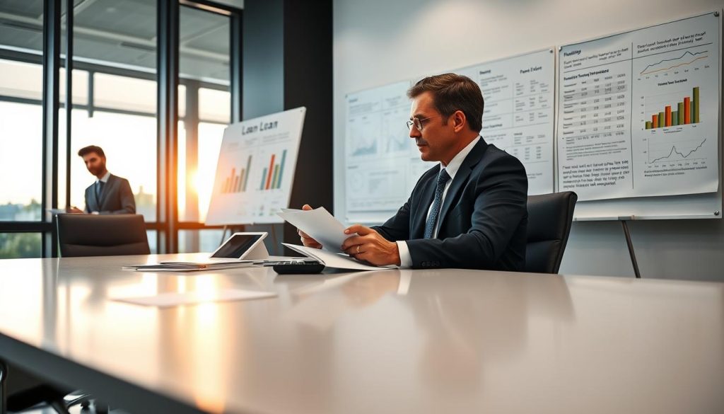 A visually engaging scene depicting a professional business meeting setting focused on loan discussions. In the foreground, two individuals in smart business attire are seated at a sleek conference table, reviewing documents and calculators. The middle ground features a modern office environment with large windows allowing natural light to flood in, highlighting the professional atmosphere. In the background, a whiteboard filled with financial charts and notes provides context for the conversation. The mood is serious yet collaborative, with a warm glow from the setting sun casting soft shadows, suggesting a late afternoon meeting. The composition is framed with a slight tilt, emphasizing the urgency and importance of the financial discussion, without any text or distractions.