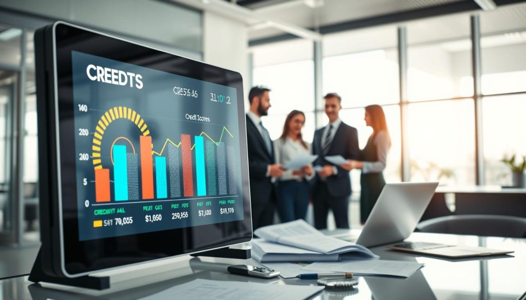 A visually engaging scene depicting the concept of credit scoring in a professional context. In the foreground, a clear, modern digital display showcases fluctuating credit scores, represented by vibrant graphs and numeric indicators in a sleek interface. In the middle ground, a diverse group of business professionals in smart attire discuss the implications of credit scores, surrounded by financial documents and a laptop displaying a credit report. The background features a sophisticated office environment with large windows, letting in soft natural light, which creates a bright and optimistic atmosphere. The overall mood conveys a sense of urgency and importance, emphasizing the relationship between credit scores and personal financial management, while maintaining a clean and corporate aesthetic.