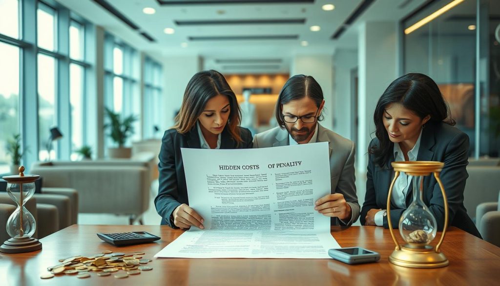 A visually striking composition representing hidden costs of banking, focusing on fees and penalties. In the foreground, a diverse group of four professionals, dressed in sharp business attire, study a large contract on a table, with serious expressions. The middle ground features various symbolic elements, such as scattered coins, a calculator, and an hourglass, representing financial intricacies. In the background, a soft-focus bank office with modern design, including sleek furniture and large windows, giving a sense of a high-stakes environment. The lighting should be bright and clear, emphasizing both the details of the contract and the seriousness of the discussion. The overall mood is contemplative and focused, capturing the essence of negotiation in a financial context. A visually striking composition representing hidden costs of banking, focusing on fees and penalties. In the foreground, a diverse group of four professionals, dressed in sharp business attire, study a large contract on a table, with serious expressions. The middle ground features various symbolic elements, such as scattered coins, a calculator, and an hourglass, representing financial intricacies. In the background, a soft-focus bank office with modern design, including sleek furniture and large windows, giving a sense of a high-stakes environment. The lighting should be bright and clear, emphasizing both the details of the contract and the seriousness of the discussion. The overall mood is contemplative and focused, capturing the essence of negotiation in a financial context.