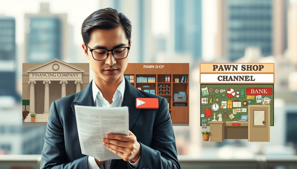 A visually striking illustration depicting the differences in loan approval logic across various channels: a bank, a financing company, and a pawn shop. In the foreground, show a person in professional business attire, analyzing documents with a thoughtful expression. In the middle, create three distinct sections, each representing one loan channel: the bank with a traditional setting featuring a large desk and formal decor; the financing company with a modern, sleek design and digital interfaces; and the pawn shop with a cluttered, eclectic background of various items and a more casual atmosphere. The background should portray a blurred cityscape, suggesting a dynamic urban environment. Use soft, natural lighting to evoke a professional mood, and apply a shallow depth of field to focus on the person and the loan channels. A visually striking illustration depicting the differences in loan approval logic across various channels: a bank, a financing company, and a pawn shop. In the foreground, show a person in professional business attire, analyzing documents with a thoughtful expression. In the middle, create three distinct sections, each representing one loan channel: the bank with a traditional setting featuring a large desk and formal decor; the financing company with a modern, sleek design and digital interfaces; and the pawn shop with a cluttered, eclectic background of various items and a more casual atmosphere. The background should portray a blurred cityscape, suggesting a dynamic urban environment. Use soft, natural lighting to evoke a professional mood, and apply a shallow depth of field to focus on the person and the loan channels.