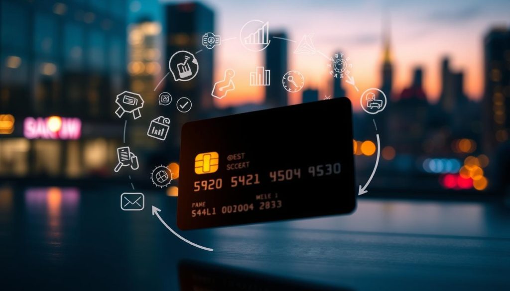 A visually striking illustration of a credit card circulation concept, featuring a modern credit card rotating slowly in the foreground against a blurred financial backdrop. In the middle ground, a collection of icons representing common reasons for low credit scores, such as overdue bills and loan applications, is subtly integrated around the card, conveying a sense of interconnectedness. In the background, a soft-focus city skyline at dusk adds a layer of sophistication, with warm lighting illuminating the scene, creating a professional and contemplative atmosphere. Use a wide-angle lens effect to enhance depth, ensuring that the colors are rich and inviting yet serious, evoking a feeling of caution and awareness about credit management. A visually striking illustration of a credit card circulation concept, featuring a modern credit card rotating slowly in the foreground against a blurred financial backdrop. In the middle ground, a collection of icons representing common reasons for low credit scores, such as overdue bills and loan applications, is subtly integrated around the card, conveying a sense of interconnectedness. In the background, a soft-focus city skyline at dusk adds a layer of sophistication, with warm lighting illuminating the scene, creating a professional and contemplative atmosphere. Use a wide-angle lens effect to enhance depth, ensuring that the colors are rich and inviting yet serious, evoking a feeling of caution and awareness about credit management.