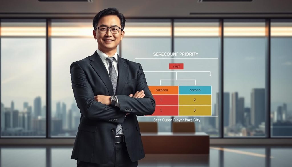 A visually striking illustration of "二順位清償順序" (Second Priority Payment Order) in a financial context. In the foreground, depict a confident business professional in formal attire, standing with arms crossed, exuding authority and focus. In the middle ground, show a detailed chart or diagram that clearly outlines the ranks of creditor payments, with distinct color-coded sections for first and second priority. The background features a sleek modern office setting with large windows showcasing a city skyline and soft natural light pouring in, creating a sense of clarity and professionalism. The overall mood is serious yet optimistic, emphasizing the importance of understanding legal and financial risks in property loans. The scene is well-lit, focusing on the professional and the diagram to convey the topic effectively.