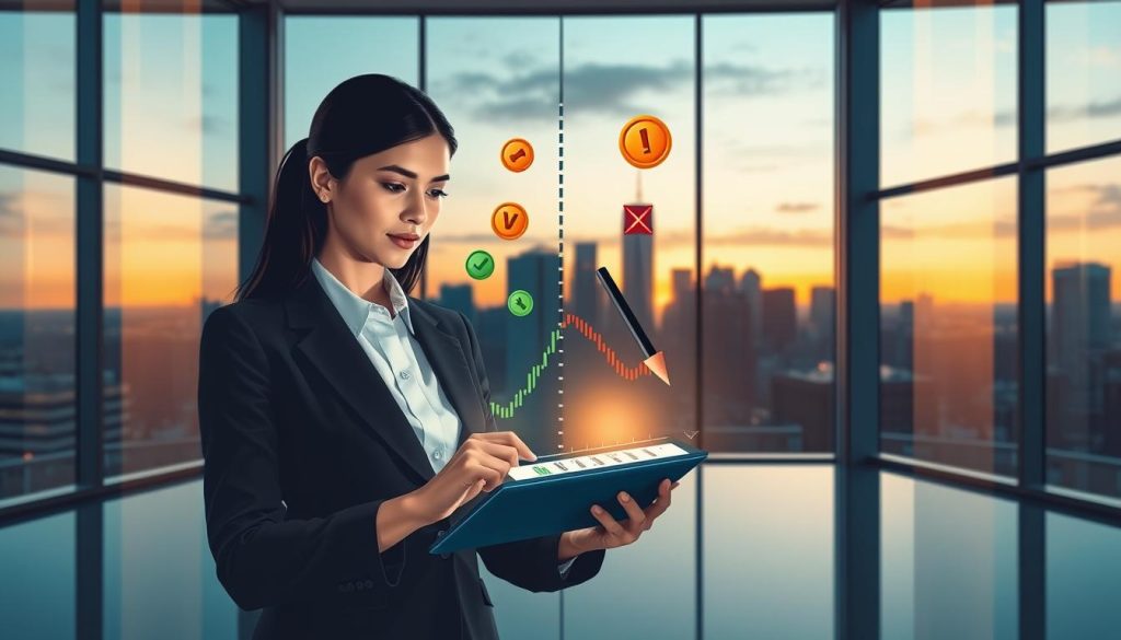 A visually striking illustration representing the advantages and disadvantages of floating interest rates, set in a modern business environment. In the foreground, a professional young woman in business attire is analyzing financial charts on a digital tablet, displaying fluctuating graphs. The middle ground features a split graphic, with one side showcasing positive symbols like upward arrows and coins, while the other displays negative symbols like downward arrows and warning signs. In the background, a sleek office with large windows reveals a city skyline at dusk, casting soft golden light that enhances the mood. The scene conveys a sense of contemplation and analysis, highlighting the complexity of floating interest rates.