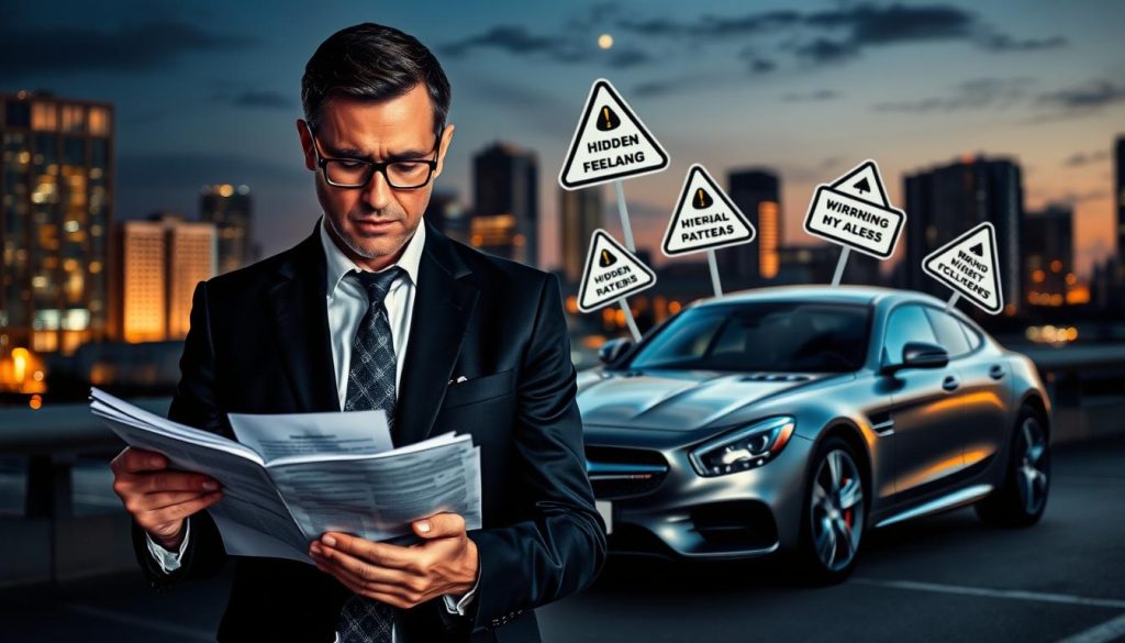 A visually striking image depicting the concept of "car loan traps" framed within a modern financial context. In the foreground, a professional individual in a crisp business suit examines a stack of confusing loan documents, their expression a mix of concern and determination. The middle ground features a sleek, shiny car, symbolizing the allure of the loan, surrounded by warning signs like “Hidden Fees” and “High Interest Rates” illustrated in a subtle, artistic manner. In the background, a cityscape at dusk, with warm lighting illuminating the buildings, adds an atmosphere of urgency and ambition. The overall mood conveys caution mixed with ambition, emphasizing the potential pitfalls of auto loans for entrepreneurs. The image should be sharp, well-lit, and professional in appearance, capturing the essence of financial decision-making.