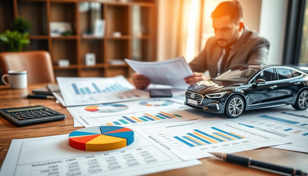 A visually striking image depicting the concept of total interest in car loans, featuring a detailed pie chart and graphs illustrating various loan structures and their cumulative interest costs. In the foreground, a sleek and modern car symbolizes the loan subject, positioned beside a calculator and financial documents scattered on a wooden desk. In the middle ground, infographics display percentages and amounts clearly, while a professional in business attire examines the documents with a focused expression. The background features a subtle blurred office setting with warm, natural lighting that creates an inviting and serious atmosphere. The overall composition conveys the complex relationship between extended loan periods, total interest, and financial decisions, encouraging thoughtful consideration.