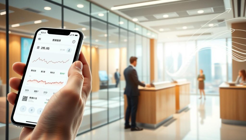 A visually striking image representing "帳戶金流," capturing the flow of money in banking. In the foreground, illustrate a close-up of a hand holding a smartphone displaying a digital banking app with transaction history and graphs. The middle section should depict a sleek, modern bank interior, showcasing transparent glass walls, elegant wooden counters, and a professional banker in business attire assisting customers. In the background, envision abstract representations of financial data, like flowing lines or arrows symbolizing money movement, against a softly blurred urban skyline. The lighting should be bright and inviting, highlighting a sense of trust and professionalism. The mood of the image should feel dynamic yet stable, emphasizing the relationship between salary transfers and bank interactions.