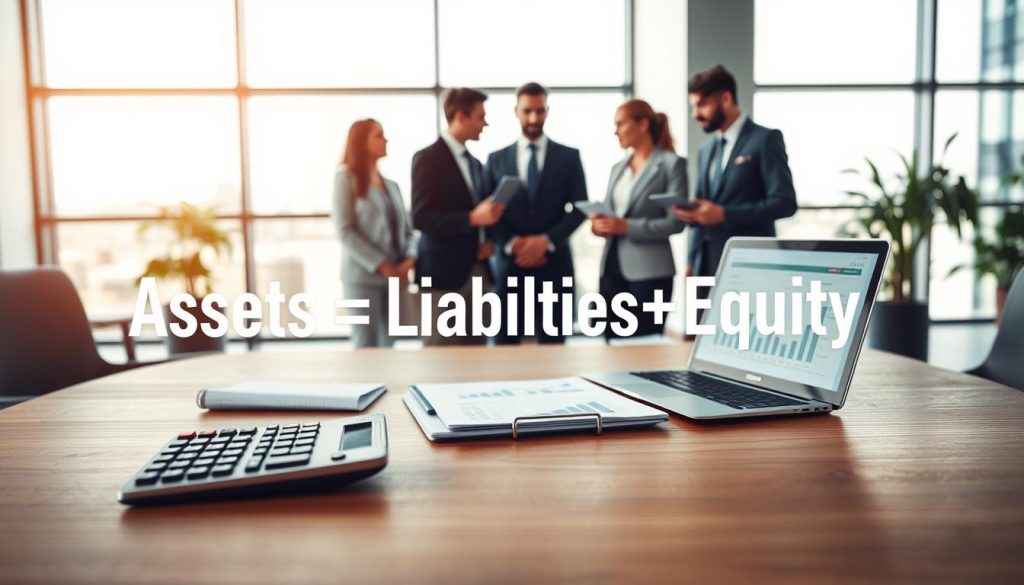 A visually striking representation of the accounting equation "Assets = Liabilities + Equity" depicted in a professional business setting. In the foreground, a sleek wooden desk with a calculator, financial reports, and a laptop displaying a digital balance sheet. In the middle, a diverse group of business professionals in formal attire, engaged in a discussion, analyzing financial data. The background features a modern office with large windows, allowing natural light to flood the space, casting soft shadows. The atmosphere is focused and serious, highlighting collaboration and financial analysis. The overall composition should convey a sense of diligence and integrity in corporate finance, with a color palette of blues and grays to evoke professionalism.
