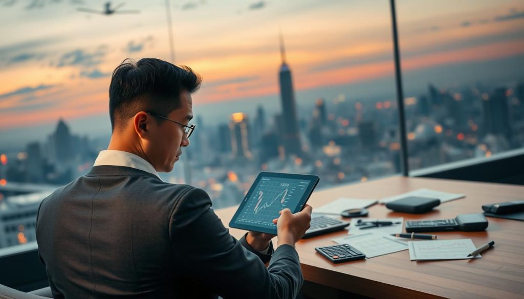 A visually striking representation of the concept of "加貸利率" (increased loan interest rates). In the foreground, a well-dressed businessman, looking thoughtfully at a digital tablet displaying fluctuating interest rate graphs. In the middle ground, several calculators and financial documents scattered on a sleek wooden desk, symbolizing the complexity of financial decisions. The background features a city skyline at dusk, where warm lights start to glow, creating a contrast with the cool shades of the twilight sky. Soft diffused lighting emphasizes the seriousness of the financial theme, while the atmosphere is a blend of contemplation and urgency, reflecting the concerns of borrowers regarding rising interest rates and costs. A visually striking representation of the concept of "加貸利率" (increased loan interest rates). In the foreground, a well-dressed businessman, looking thoughtfully at a digital tablet displaying fluctuating interest rate graphs. In the middle ground, several calculators and financial documents scattered on a sleek wooden desk, symbolizing the complexity of financial decisions. The background features a city skyline at dusk, where warm lights start to glow, creating a contrast with the cool shades of the twilight sky. Soft diffused lighting emphasizes the seriousness of the financial theme, while the atmosphere is a blend of contemplation and urgency, reflecting the concerns of borrowers regarding rising interest rates and costs.