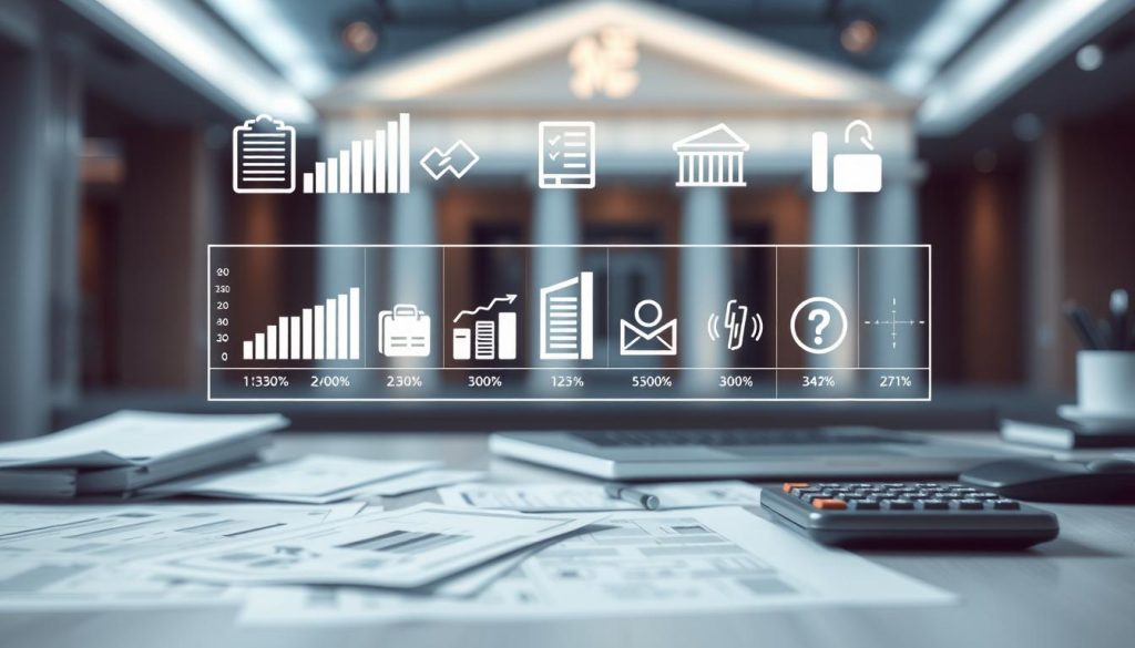 A visually striking representation of the concept of "聯徵查詢次數," capturing the essence of financial scrutiny. In the foreground, a clean, modern desk filled with financial documents, a laptop showing a graph of credit inquiries, and a calculator. The middle layer presents a series of abstract charts and icons symbolizing credit checks, each marked with numeric values to indicate frequency. In the background, a blurred image of a bank or financial institution building, emphasized with soft lighting to convey a sense of seriousness. The color palette is cool, predominantly shades of blue and gray, creating a professional and contemplative mood. The composition should have a slight depth of field effect, focusing on the details on the desk while softening the background to enhance the visual impact.