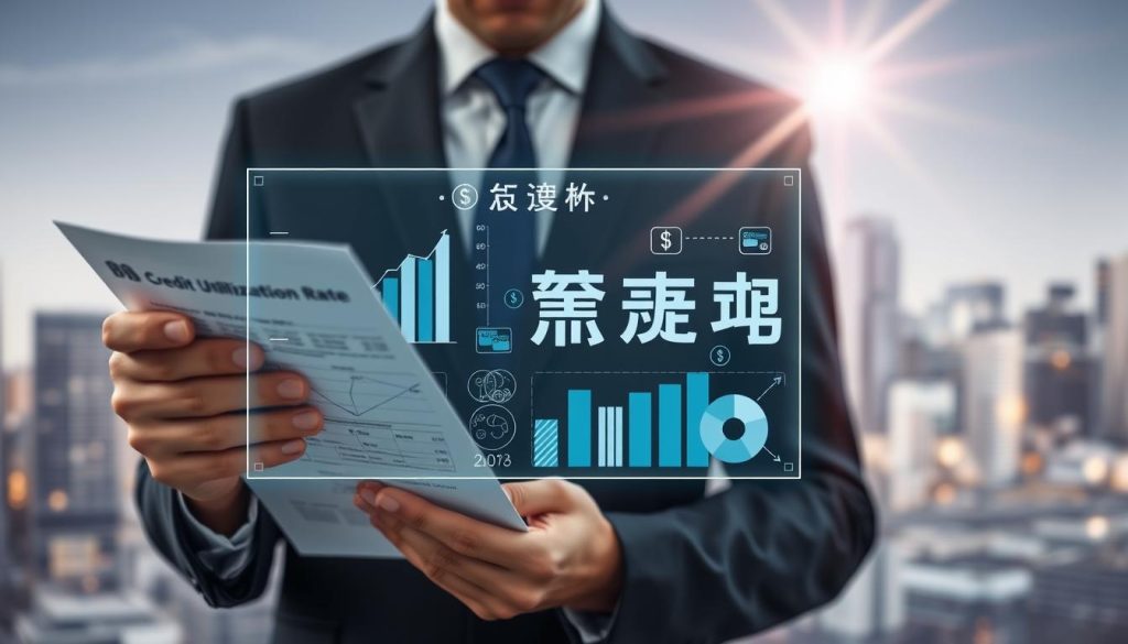 A visually striking representation of "信用使用率" (credit utilization rate) in a business context. In the foreground, a professional individual in business attire, holding a credit report document, examines a virtual interface displaying graphs and statistics about credit utilization. The middle layer features various financial icons such as credit cards, dollar signs, and pie charts, symbolizing debt ratios and borrowing risks. In the background, an abstract city skyline emphasizes a sense of financial activity and urban life. Soft, focused lighting creates a serious yet optimistic atmosphere, with a lens flare accentuating the digital interface. The overall mood should be one of caution and awareness regarding personal financial health.
