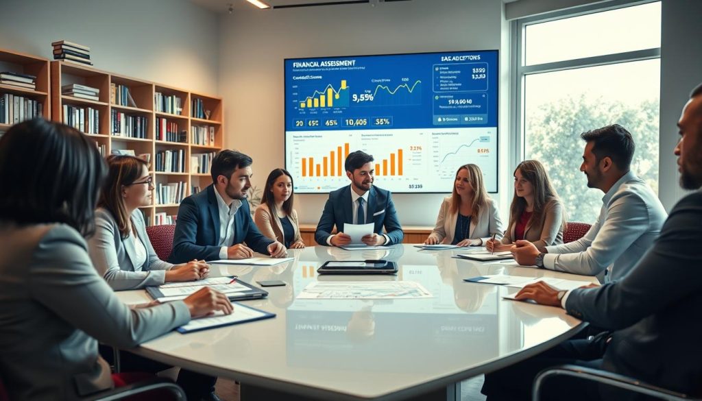 A visually striking scene capturing a modern office environment focused on financial assessments. In the foreground, a diverse group of professionals, dressed in smart business attire, are engaged in discussion around a sleek conference table, with documents and financial reports laid out prominently. In the middle ground, a large screen displays graphs and figures representing credit scores and loan parameters, emphasizing the importance of financial literacy. The background features bookshelves filled with financial literature, and a large window allowing natural light to flood the room, creating a bright, optimistic atmosphere. The overall mood conveys diligence and professionalism, as the team collaborates to navigate the complexities of credit inquiries. The image is sharp, with a warm color palette and soft shadows for a welcoming look.