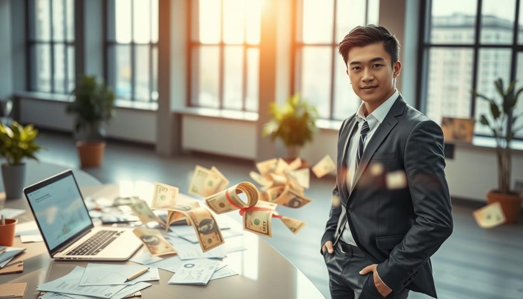 A visually striking scene depicting the concept of "預借現金" (cash advance) in a financial context. In the foreground, a confident young professional wears business attire, standing by a sleek desk cluttered with financial documents and a laptop displaying graphs. In the middle ground, an abstract flow of currency notes gracefully flows, symbolizing cash movement and financial transactions. The background features a modern office with large windows, letting in soft natural light that creates a warm yet professional atmosphere. The overall mood is one of focus and clarity, reflecting the theme of managing personal finances responsibly. Use a shallow depth of field for emphasis on the subject, with a slightly blurred background to enhance the professional setting.