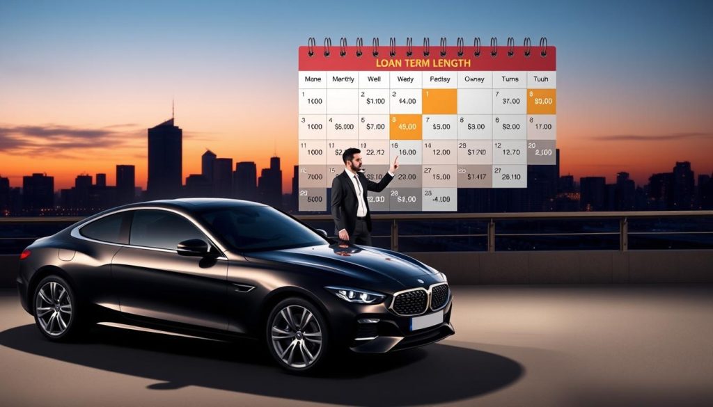 A well-designed car loan infographic illustrating the key concept of loan term length. In the foreground, a stylish car is parked next to a large, visually striking calendar that highlights monthly payments and terms in an organized layout. The middle ground features a professional-looking individual in business attire analyzing the financial figures, pointing at the calendar with a concerned expression. The background showcases a city skyline at dusk, providing a subtle gradient of warm sunset colors blending into deeper blues, creating a calm yet serious atmosphere. Soft lighting emphasizes the car and calendar, casting gentle shadows that add depth to the scene. The overall mood is informative and professional, with a focus on the implications of extended loan terms.