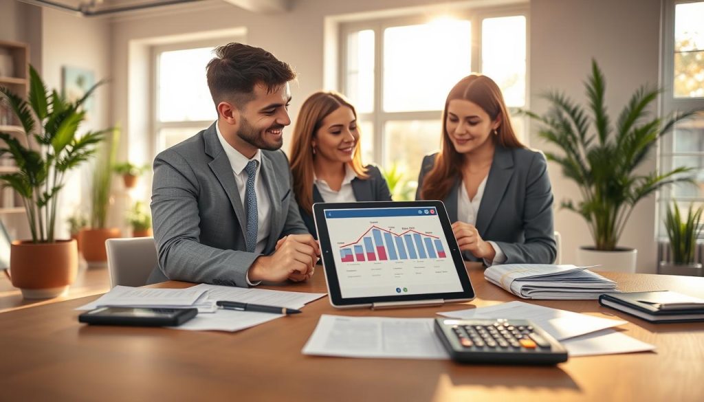A well-designed office space with a financial advisor consulting a young couple, who are looking at a tablet showing a graph of a home loan process. In the foreground, display a modern desk with financial documents and a calculator. The middle shows the couple, dressed in professional business attire, attentively discussing options with the advisor. The background features a bright, airy office with large windows, casting warm sunlight that creates a welcoming atmosphere. Add a few potted plants to enhance the greenery, and ensure the lighting is soft and inviting. Focus on capturing the moment of understanding and decision-making regarding home mortgage options.