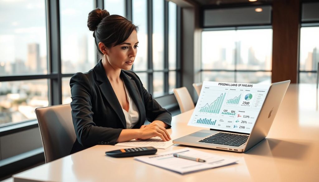 A well-dressed professional woman sitting at a sleek desk, absorbed in comparing loan options on her laptop. The foreground features her focused expression and the open laptop displaying graphs and figures related to personal loans. In the middle, a variety of documents, including loan comparison sheets and a calculator, create an orderly workspace. The background reveals a modern office with soft, warm lighting and large windows letting in natural light. A cityscape is visible outside, suggesting a bustling urban environment. The atmosphere is serious yet hopeful, emphasizing determination and the quest for financial opportunities, suitable for someone exploring personal loan options despite a low credit score. A well-dressed professional woman sitting at a sleek desk, absorbed in comparing loan options on her laptop. The foreground features her focused expression and the open laptop displaying graphs and figures related to personal loans. In the middle, a variety of documents, including loan comparison sheets and a calculator, create an orderly workspace. The background reveals a modern office with soft, warm lighting and large windows letting in natural light. A cityscape is visible outside, suggesting a bustling urban environment. The atmosphere is serious yet hopeful, emphasizing determination and the quest for financial opportunities, suitable for someone exploring personal loan options despite a low credit score.