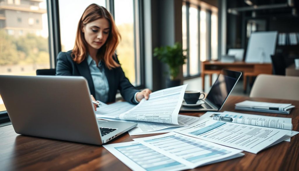 A well-organized desk in a modern office setting, featuring neatly arranged credit documents, such as loan agreements, bank statements, and preparation checklists. In the foreground, a professional businesswoman in business attire is reviewing these documents with focused intent. The middle ground includes a sleek laptop open to financial software, a calculator, and a cup of coffee, suggesting an atmosphere of productivity. The background features a large window with natural light streaming in, illuminating the workspace and creating a warm, inviting ambiance. The mood is one of confidence and preparedness, highlighting the personal loan negotiation process. The image should be sharp and vibrant, with a shallow depth of field to emphasize the documents in focus while slightly blurring the background elements. A well-organized desk in a modern office setting, featuring neatly arranged credit documents, such as loan agreements, bank statements, and preparation checklists. In the foreground, a professional businesswoman in business attire is reviewing these documents with focused intent. The middle ground includes a sleek laptop open to financial software, a calculator, and a cup of coffee, suggesting an atmosphere of productivity. The background features a large window with natural light streaming in, illuminating the workspace and creating a warm, inviting ambiance. The mood is one of confidence and preparedness, highlighting the personal loan negotiation process. The image should be sharp and vibrant, with a shallow depth of field to emphasize the documents in focus while slightly blurring the background elements.