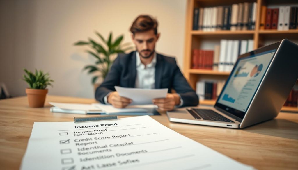 A well-organized desk scene depicting a young professional preparing for a personal loan application. In the foreground, there's a neatly arranged checklist with items like "Income Proof," "Credit Score Report," and "Identification Documents." A laptop is open, displaying a digital loan application form. In the middle ground, a focused individual in smart casual attire reviews documents, showcasing a look of concentration. The background features a softly lit office environment with a potted plant and a bookshelf filled with financial books, adding depth and context. The lighting is warm and inviting, creating a calm and productive atmosphere, while a slight depth of field draws attention to the checklist and the professional, emphasizing the importance of preparation in the loan process.