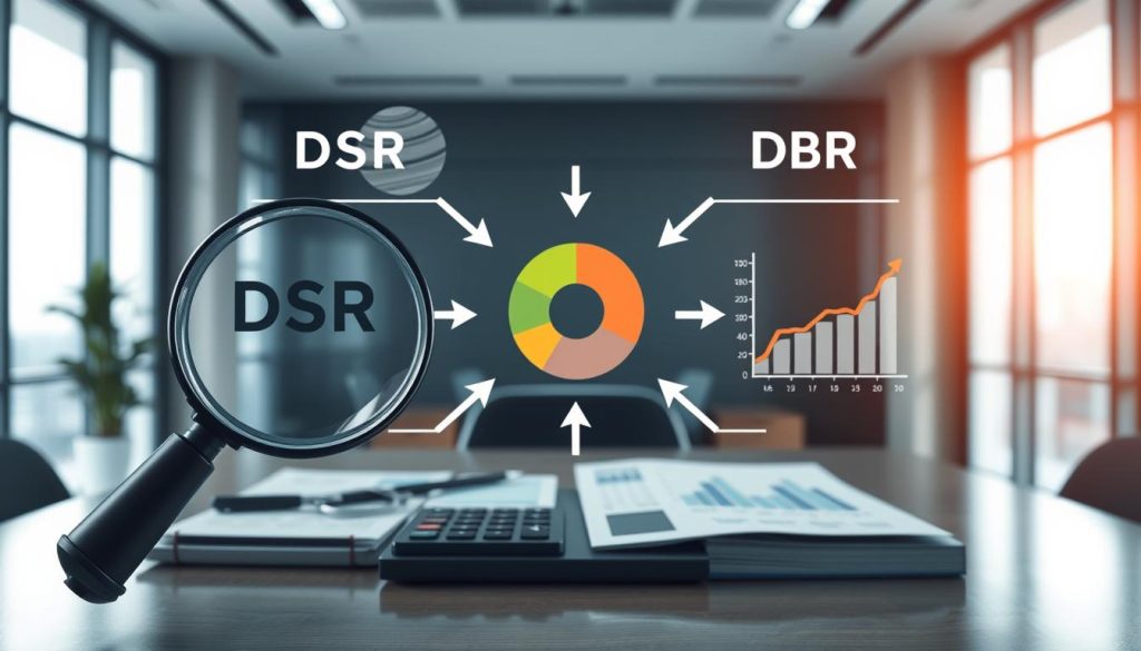 A well-organized financial infographic displaying the relationship between DSR (Debt Service Ratio), DBR (Debt Burden Ratio), and cash flow evaluation. In the foreground, a magnifying glass highlighting a pie chart demonstrating the components of cash flow, surrounded by arrows connecting to visual representations of DSR and DBR metrics. The middle layer includes calculators and financial documents with graphs, showcasing rising and falling trends. The background features a modern office setting, with soft, professional lighting emanating from large windows. The atmosphere is analytical and serious, emphasizing the importance of understanding these financial indicators. The color palette should consist of calming blues and greens, reflecting a sense of stability and professionalism. No people or text should be included. A well-organized financial infographic displaying the relationship between DSR (Debt Service Ratio), DBR (Debt Burden Ratio), and cash flow evaluation. In the foreground, a magnifying glass highlighting a pie chart demonstrating the components of cash flow, surrounded by arrows connecting to visual representations of DSR and DBR metrics. The middle layer includes calculators and financial documents with graphs, showcasing rising and falling trends. The background features a modern office setting, with soft, professional lighting emanating from large windows. The atmosphere is analytical and serious, emphasizing the importance of understanding these financial indicators. The color palette should consist of calming blues and greens, reflecting a sense of stability and professionalism. No people or text should be included.