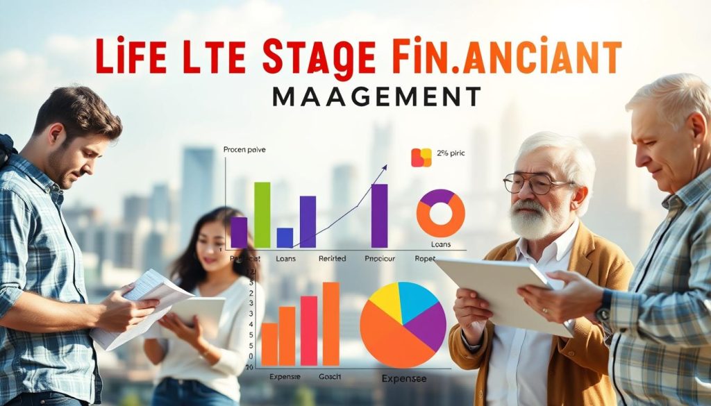 A well-organized infographic-style image illustrating "Life Stage Financial Management." In the foreground, show diverse individuals at different life stages: a young couple reviewing budgets, a middle-aged professional analyzing investments, and a retired person consulting money management resources. In the middle, use graphs and pie charts depicting percentage allocations of income towards loans and expenses, styled in vibrant colors. The background should feature a soft-focus urban skyline symbolizing financial growth and opportunities. Use bright, natural lighting to evoke a sense of hope and planning, with a clean lens effect to keep the focus on the subjects and charts. The atmosphere should be motivational and educational, capturing the essence of adjusting financial strategies at various life stages without any text or external distractions. A well-organized infographic-style image illustrating "Life Stage Financial Management." In the foreground, show diverse individuals at different life stages: a young couple reviewing budgets, a middle-aged professional analyzing investments, and a retired person consulting money management resources. In the middle, use graphs and pie charts depicting percentage allocations of income towards loans and expenses, styled in vibrant colors. The background should feature a soft-focus urban skyline symbolizing financial growth and opportunities. Use bright, natural lighting to evoke a sense of hope and planning, with a clean lens effect to keep the focus on the subjects and charts. The atmosphere should be motivational and educational, capturing the essence of adjusting financial strategies at various life stages without any text or external distractions.