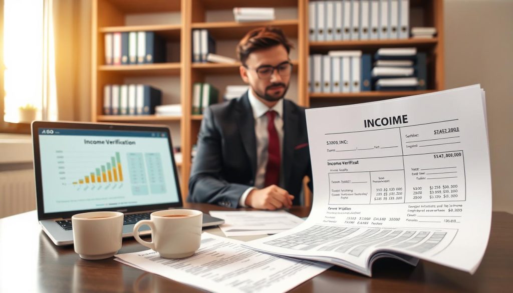 A well-organized office scene featuring a financial professional, dressed in smart business attire, sitting at a modern desk. In the foreground, the professional is reviewing a detailed income verification document, which includes graphs and figures that illustrate income stability. The middle of the image captures a laptop displaying a financial application form, beside a cup of coffee, adding a touch of warmth. In the background, shelves lined with financial books and documents suggest credibility and expertise. The lighting is bright yet warm, coming from a nearby window, creating a productive atmosphere. The overall mood conveys professionalism and seriousness, emphasizing the importance of income proof in financial applications.