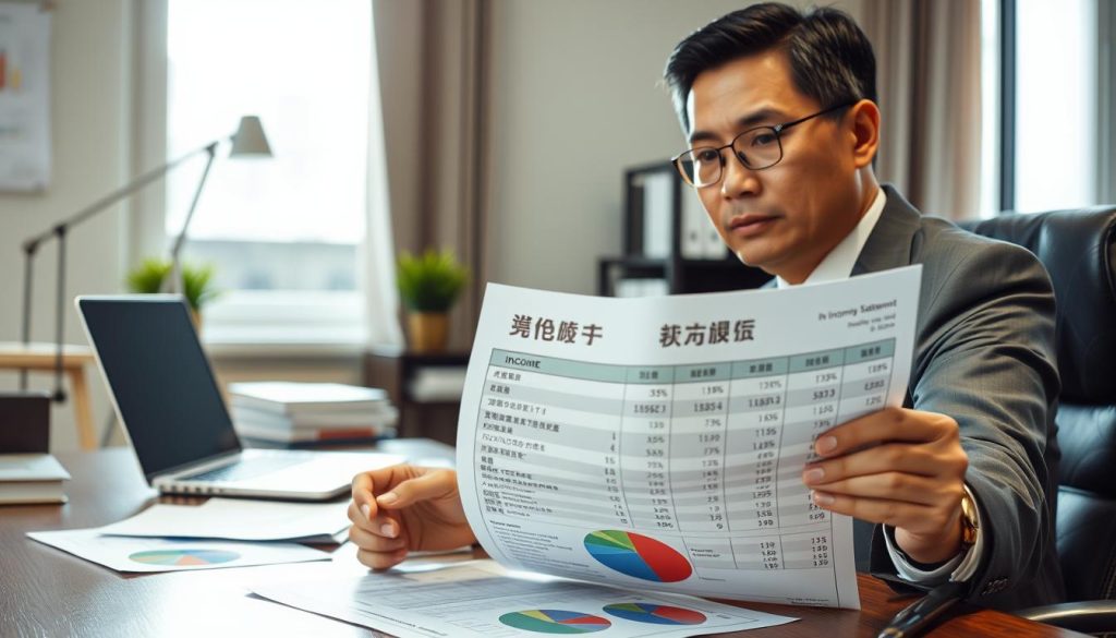 A well-organized office setting showcasing a professional individual (a middle-aged Asian male) sitting at a desk, reviewing a colorful income statement document titled "收入證明." He wears smart business attire, exuding confidence and focus. The foreground contains a close-up of the income statement, emphasizing key details like figures and pie charts. In the middle, a laptop and financial reports are spread out, indicating a serious work environment. The background features a window with natural light streaming in, illuminating the workspace with a soft, warm glow. The overall atmosphere is one of professionalism and diligence, capturing the essence of income verification for loan assessments. Proper lighting highlights the subject’s expressions of concentration and determination without any distractions.
