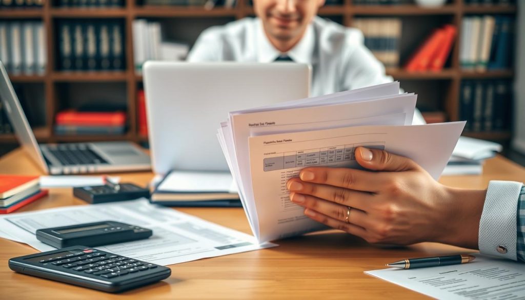 A well-organized workspace featuring a professional in business attire, sitting at a neat desk filled with neatly arranged documents and a laptop. In the foreground, a close-up of a pair of hands holding a stack of organized papers with clear headers and tabs, ready for submission. In the middle, the desk has a few important financial documents, a calculator, and a pen, giving an impression of efficiency and preparation. The background shows a soft-focus bookshelf filled with finance books, indicating knowledge and professionalism. The lighting is warm and inviting, creating a positive atmosphere. The image should convey a sense of clarity, organization, and readiness to submit important personal credit documents.
