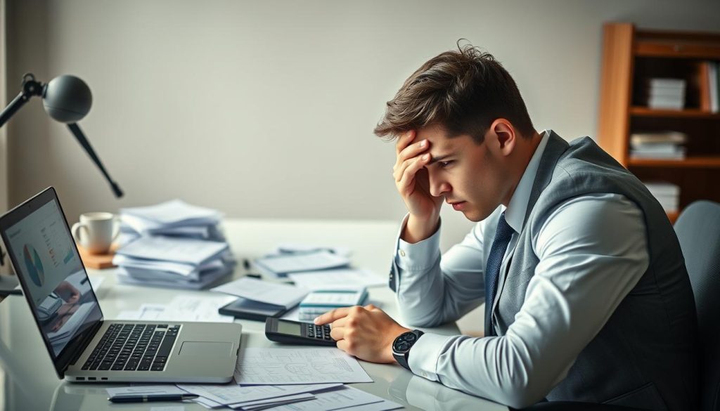 A worried young professional sitting at a sleek desk cluttered with paperwork, bills, and a calculator, illustrating the stress of monthly car loan payments. In the foreground, emphasize the person's furrowed brow and tense posture, dressed in smart business attire to reflect a serious financial concern. The middle ground features an open laptop displaying a finance management app, while the background shows a subtle hint of a modern office environment, with soft natural light filtering through a nearby window, creating a calm atmosphere. The overall mood conveys a sense of contemplation and urgency, as the individual evaluates their financial situation, seeking clarity and solutions. The focus is on the emotions of stress and introspection without any text or distractions. A worried young professional sitting at a sleek desk cluttered with paperwork, bills, and a calculator, illustrating the stress of monthly car loan payments. In the foreground, emphasize the person's furrowed brow and tense posture, dressed in smart business attire to reflect a serious financial concern. The middle ground features an open laptop displaying a finance management app, while the background shows a subtle hint of a modern office environment, with soft natural light filtering through a nearby window, creating a calm atmosphere. The overall mood conveys a sense of contemplation and urgency, as the individual evaluates their financial situation, seeking clarity and solutions. The focus is on the emotions of stress and introspection without any text or distractions.