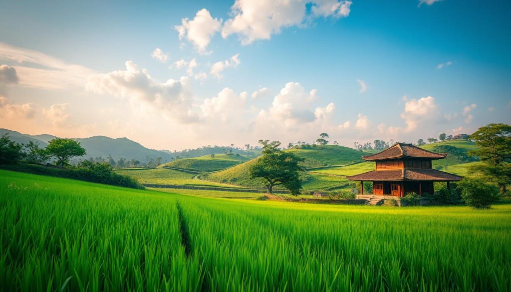 An expansive view of ancestral land, featuring traditional Chinese architecture with a serene farmhouse in the foreground, surrounded by lush, green rice fields. In the middle ground, mesmeric hills dotted with wildflowers and ancient trees create a natural border, while an azure sky with soft, fluffy clouds illuminates the scene with warm sunlight. The atmosphere should evoke a sense of heritage and tranquility, appealing to the cultural significance of ancestral properties. The composition captures the beauty of rural life, focusing on the rich textures of the earth and vibrant colors of the landscape. Use wide-angle perspective to enhance depth, ensuring a harmonious blend of nature and tradition.