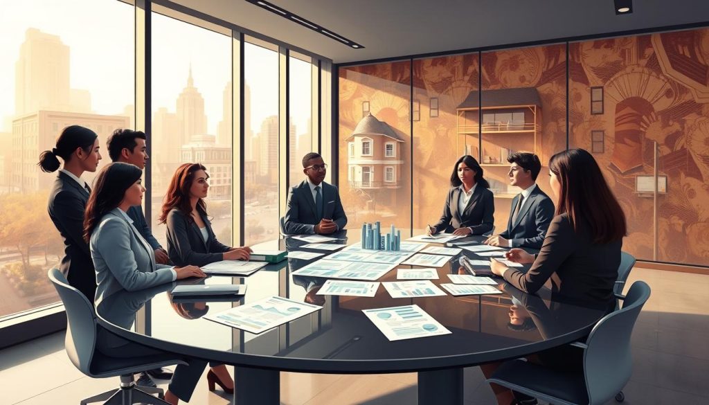 An illustration depicting a financial institution's branch setting with varied risk preferences based on customer demographics. In the foreground, showcase a diverse group of professionals in business attire engaging in discussions around a sleek conference table filled with charts and loan documents. In the middle ground, richly detailed bank branch elements like a large glass window showing different neighborhoods outside, symbolizing varying socioeconomic backgrounds. The background should feature contrasting urban and suburban settings, embodying the range of clientele. Soft, natural lighting filters through the window, casting warm tones across the scene. A sense of seriousness mixed with collaboration and opportunity pervades the atmosphere, highlighting the complexity of risk preferences.