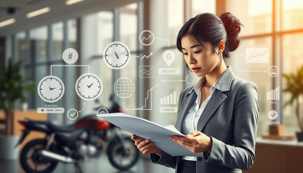 An informative and visually engaging illustration depicting the concept of motorcycle loan approval times. In the foreground, a professional, focused Asian woman in business attire is reviewing a checklist and financial documents, symbolizing the loan approval process. In the middle ground, there are various graphical representations of key factors influencing loan timelines, such as clocks, graphs, and checkmarks, clearly organized and labeled. The background features a modern office environment, softly illuminated with natural light coming from large windows, creating an atmosphere of focus and productivity. The overall mood should convey a sense of clarity and diligence regarding motorcycle loan processing times. An informative and visually engaging illustration depicting the concept of motorcycle loan approval times. In the foreground, a professional, focused Asian woman in business attire is reviewing a checklist and financial documents, symbolizing the loan approval process. In the middle ground, there are various graphical representations of key factors influencing loan timelines, such as clocks, graphs, and checkmarks, clearly organized and labeled. The background features a modern office environment, softly illuminated with natural light coming from large windows, creating an atmosphere of focus and productivity. The overall mood should convey a sense of clarity and diligence regarding motorcycle loan processing times.