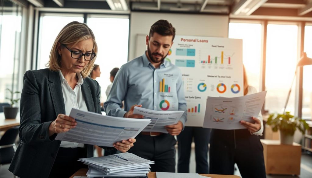 An office scene featuring a diverse group of professionals analyzing financial documents and charts related to personal loans. In the foreground, a middle-aged woman in business attire intensely studies a spreadsheet on her laptop, with a concerned expression. Beside her, a young man in a formal shirt points out details on a printed report. In the middle, a large whiteboard displays colorful infographics and diagrams explaining income sources like salary, bonuses, and side gigs. The background shows a modern office with bright lighting from large windows, creating a productive atmosphere filled with determination. The overall mood is focused and analytical, emphasizing the complexities of personal finance assessment.