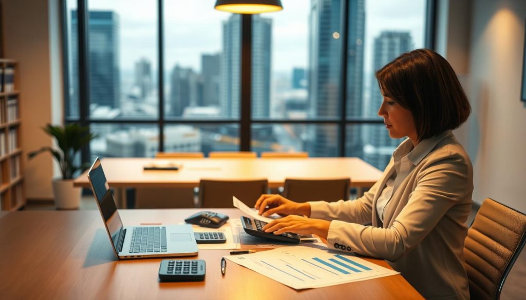 An open office space featuring a modern desk illuminated by soft, warm lighting. In the foreground, a professional woman in business attire is reviewing financial documents and calculators, looking focused and contemplative. In the middle ground, a clear view of a laptop screen displaying graphs and charts related to loans and repayments. The background shows a window with a city skyline, hinting at a bustling financial environment. The overall atmosphere is one of determination and financial decision-making, conveying the complexities of managing car loans alongside new loan applications. The composition should have a balanced perspective, shot from a slightly elevated angle to capture both the workspace and the subject effectively.