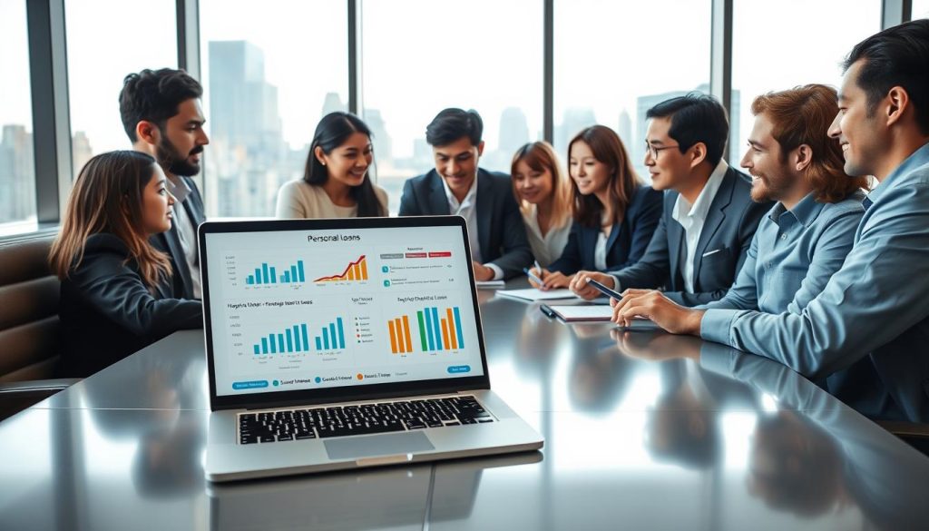 In a modern office setting, a diverse group of individuals in professional attire are gathered around a sleek conference table, engaged in a discussion about personal loans. The foreground features a close-up of a laptop displaying graphs and data about "個人信用貸款" (personal credit loans), while one person points at the screen, emphasizing key differences compared to other loan types like mortgages and auto loans. In the middle, team members are taking notes and brainstorming, showcasing a collaborative atmosphere. The background includes large windows with city skyline views, bathed in natural light, creating an open and professional ambiance. The mood is focused yet inviting, emphasizing teamwork and informed decision-making in financial matters. The scene captures the essence of navigating financial choices effectively. In a modern office setting, a diverse group of individuals in professional attire are gathered around a sleek conference table, engaged in a discussion about personal loans. The foreground features a close-up of a laptop displaying graphs and data about "個人信用貸款" (personal credit loans), while one person points at the screen, emphasizing key differences compared to other loan types like mortgages and auto loans. In the middle, team members are taking notes and brainstorming, showcasing a collaborative atmosphere. The background includes large windows with city skyline views, bathed in natural light, creating an open and professional ambiance. The mood is focused yet inviting, emphasizing teamwork and informed decision-making in financial matters. The scene captures the essence of navigating financial choices effectively.
