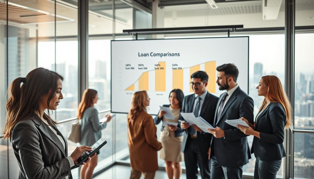A bustling urban setting featuring a diverse group of professionals engaged in discussions about loan comparisons. In the foreground, a focused woman in business attire is calculating numbers on a tablet, while beside her, a man in a suit points to a graph displayed on a large screen showcasing interest rates from various banks. The middle ground shows other individuals, diverse in age and ethnicity, exchanging papers and brochures in a transparent glass-walled office that emphasizes openness and competition. Soft, natural lighting filters through large windows, casting a warm glow across the scene, enhancing the atmosphere of collaboration and strategy. The background reveals a cityscape, symbolizing financial opportunities and a dynamic market environment, encouraging healthy competition among banks. The overall mood conveys professionalism, determination, and innovation. A bustling urban setting featuring a diverse group of professionals engaged in discussions about loan comparisons. In the foreground, a focused woman in business attire is calculating numbers on a tablet, while beside her, a man in a suit points to a graph displayed on a large screen showcasing interest rates from various banks. The middle ground shows other individuals, diverse in age and ethnicity, exchanging papers and brochures in a transparent glass-walled office that emphasizes openness and competition. Soft, natural lighting filters through large windows, casting a warm glow across the scene, enhancing the atmosphere of collaboration and strategy. The background reveals a cityscape, symbolizing financial opportunities and a dynamic market environment, encouraging healthy competition among banks. The overall mood conveys professionalism, determination, and innovation.