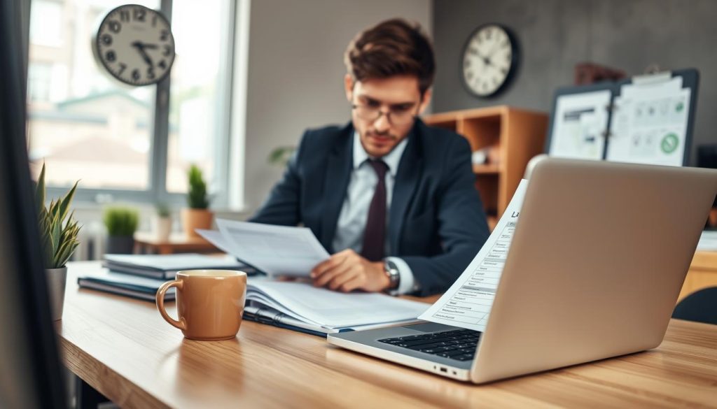 A busy office environment, featuring a well-organized workspace with a wooden desk and a laptop open to a loan application form. In the foreground, a focused professional in business attire is reviewing documents, with a planner and a coffee mug beside them. The middle ground includes a wall clock showing the time, emphasizing the importance of time management in the loan application process. In the background, soft natural light filters through a large window, creating an inviting atmosphere. The overall mood is one of diligence and preparation, highlighting the essential planning that goes into applying for a loan. Use a soft focus to draw attention to the professional and their work.