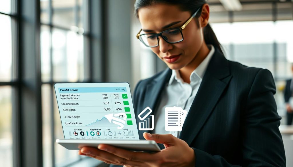 A close-up of a detailed credit score chart displayed on a sleek digital device, highlighting various credit categories like payment history, credit utilization, and total debt. In the foreground, a confident professional in business attire examines the screen with a thoughtful expression, showcasing the importance of credit scores in negotiating loan rates. The middle of the image presents icons symbolizing financial tools, such as a calculator and loan documents, emphasizing the strategic use of credit scores. The background features a modern office environment with soft, natural lighting filtering through large windows, creating a calm yet focused atmosphere. The overall mood conveys empowerment and clarity, illustrating how a solid credit score gives leverage in financial discussions. A close-up of a detailed credit score chart displayed on a sleek digital device, highlighting various credit categories like payment history, credit utilization, and total debt. In the foreground, a confident professional in business attire examines the screen with a thoughtful expression, showcasing the importance of credit scores in negotiating loan rates. The middle of the image presents icons symbolizing financial tools, such as a calculator and loan documents, emphasizing the strategic use of credit scores. The background features a modern office environment with soft, natural lighting filtering through large windows, creating a calm yet focused atmosphere. The overall mood conveys empowerment and clarity, illustrating how a solid credit score gives leverage in financial discussions.