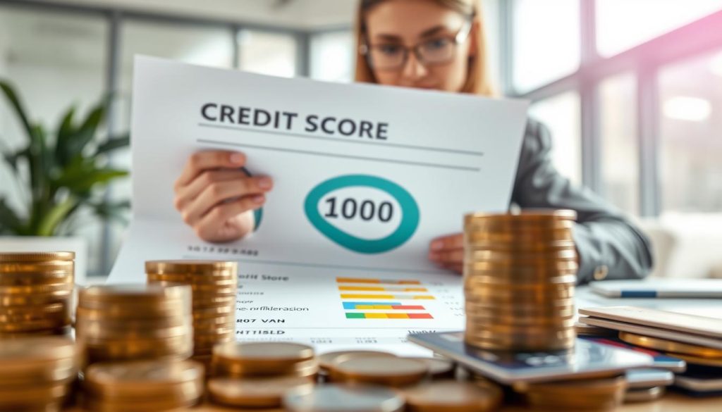 A close-up view of a credit score report, prominently displaying a numeric score in the center, surrounded by visual elements representing financial stability. In the foreground, stacks of coins and credit cards illustrate the theme of financing. The middle ground features a person in professional business attire, reviewing the report with a thoughtful expression, highlighting their engagement with financial processes. In the background, a soft-focus office space with light filtering through large windows creates a calm and focused atmosphere. The overall lighting is bright and inviting, suggesting transparency and trust. The image should capture a sense of urgency and importance regarding credit assessment, emphasizing the disparity in loan processing experiences. A close-up view of a credit score report, prominently displaying a numeric score in the center, surrounded by visual elements representing financial stability. In the foreground, stacks of coins and credit cards illustrate the theme of financing. The middle ground features a person in professional business attire, reviewing the report with a thoughtful expression, highlighting their engagement with financial processes. In the background, a soft-focus office space with light filtering through large windows creates a calm and focused atmosphere. The overall lighting is bright and inviting, suggesting transparency and trust. The image should capture a sense of urgency and importance regarding credit assessment, emphasizing the disparity in loan processing experiences.
