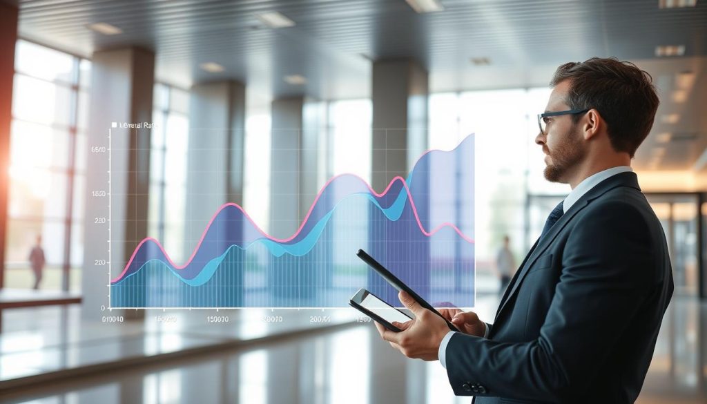 A conceptual illustration of an interest rate adjustment mechanism, showcasing various types of interest rates: nominal rate, fixed rate, and variable rate. In the foreground, a professional-looking individual in business attire is analyzing data on a digital tablet, surrounded by charts and graphs depicting interest rate trends. In the middle ground, a stylized, abstract representation of a fluctuating interest rate curve flows dynamically, accentuated by vibrant colors to indicate changes. The background features a modern bank interior with sleek lines, soft natural light streaming through large windows, creating a calm and focused atmosphere. The focus is sharp, capturing intricate details of the charts while maintaining a soft bokeh effect in the background.