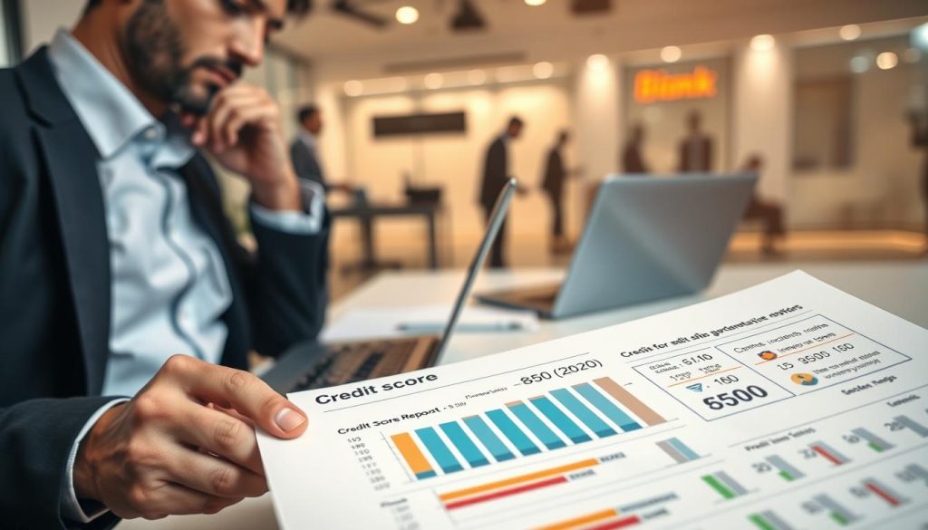 A detailed close-up of a credit score report, showcasing numerical ratings from 300 to 850, with visually striking charts and graphs displaying financial trends. In the foreground, a professional businessperson, dressed in smart attire, examines the report, their expression focused and contemplative. In the middle ground, a sleek desk is set with a modern laptop, a calculator, and a pen, indicating active financial analysis. The background features soft, blurry silhouettes of a bank office environment, with muted colors to evoke a serious yet approachable atmosphere. The lighting is soft and warm, creating an inviting space for reflection and decision-making, captured from a slightly elevated angle for depth and perspective.